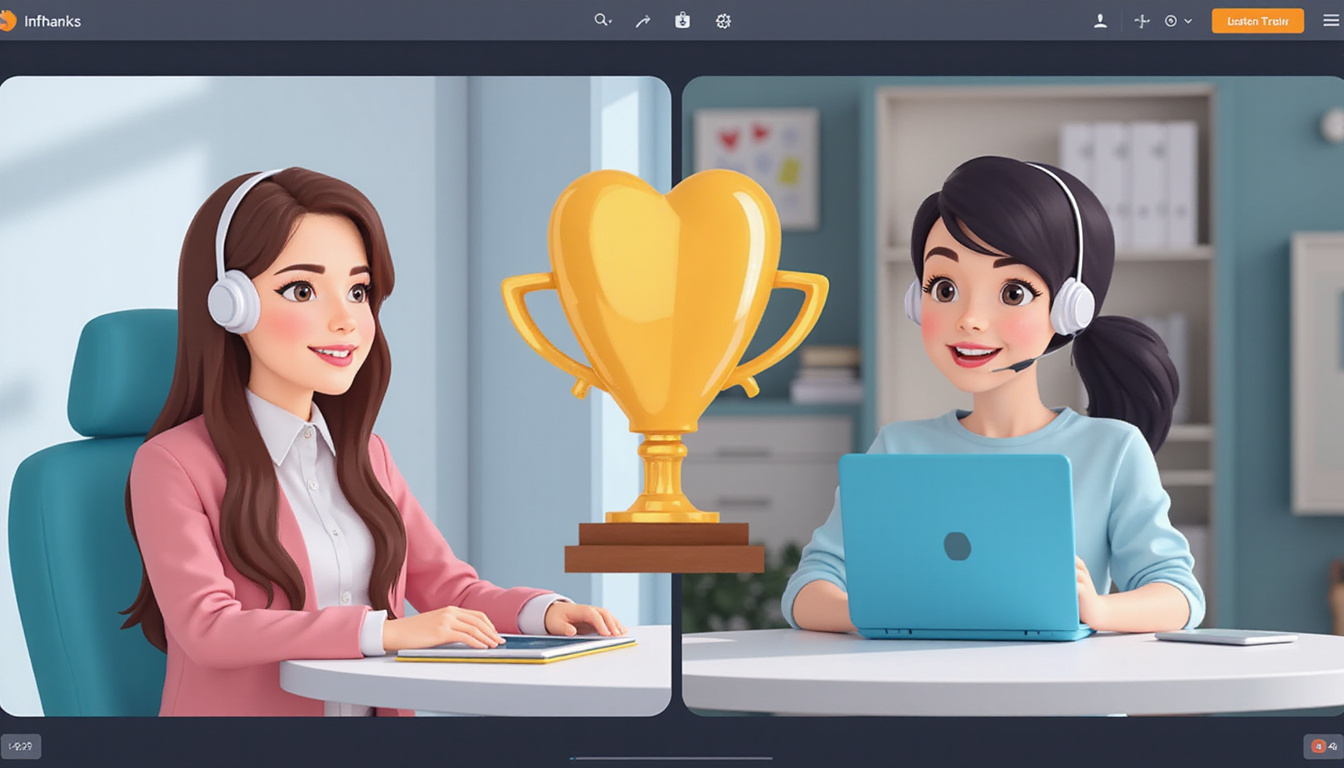  Split-screen: instant reply bots and human agent, smiling customers, golden retention heart trophy