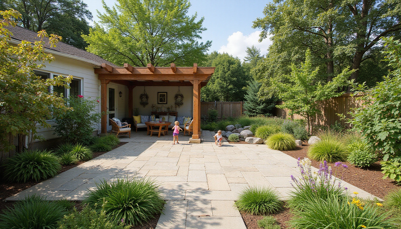  Reclaimed backyard transformed into lush native garden with stone patio, pergola, children playing