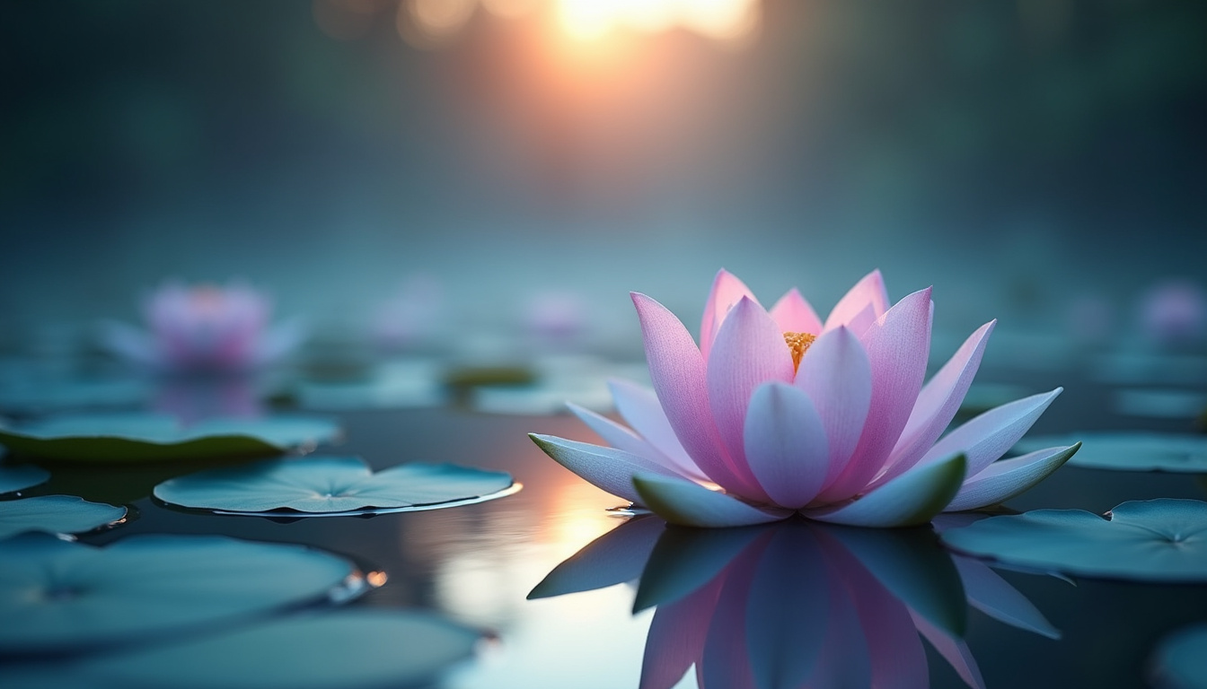  Silent lotus pond at dawn, floating lotus emitting soft blue aura, focused calm