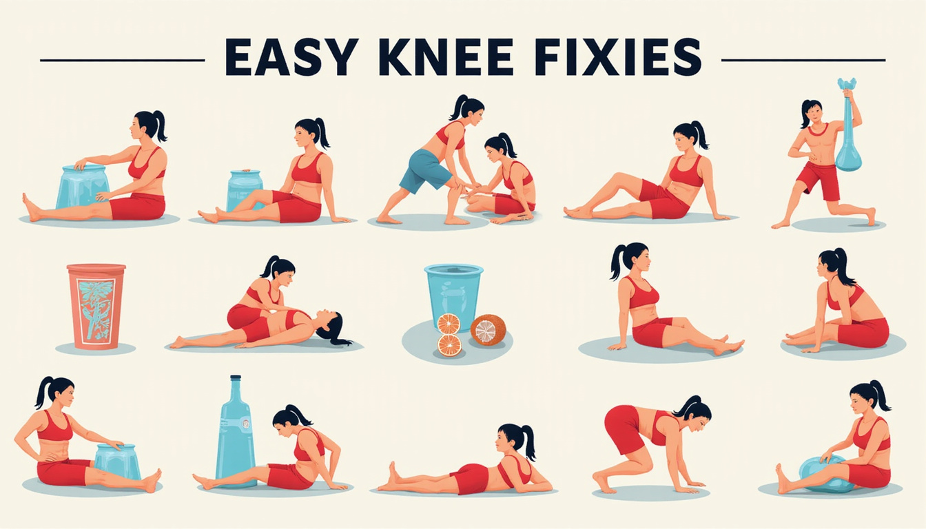  Infographic collage of nine easy knee fixes with icons: stretches, ice, brace, massage, nutrition
