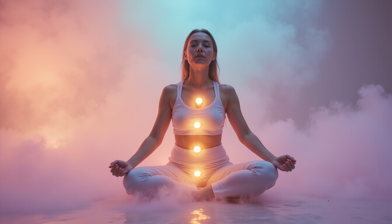  Tranquil portrait of woman post-treatment, glowing chakras, stress dissolving into pastel mist