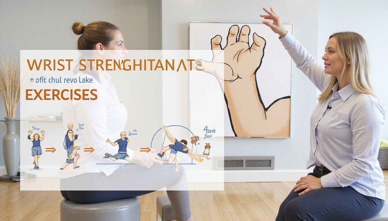  Coach demonstrating wrist-strengthening exercises, illustrated steps, bright gym, prevention tips overlay