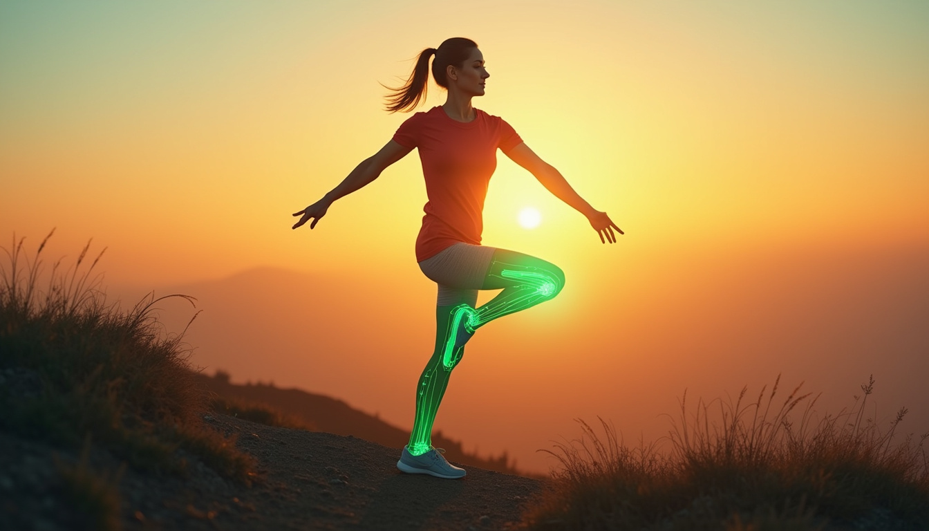  Active middle-aged woman stretching on sunrise hill, transparent knee joint regenerating with green light