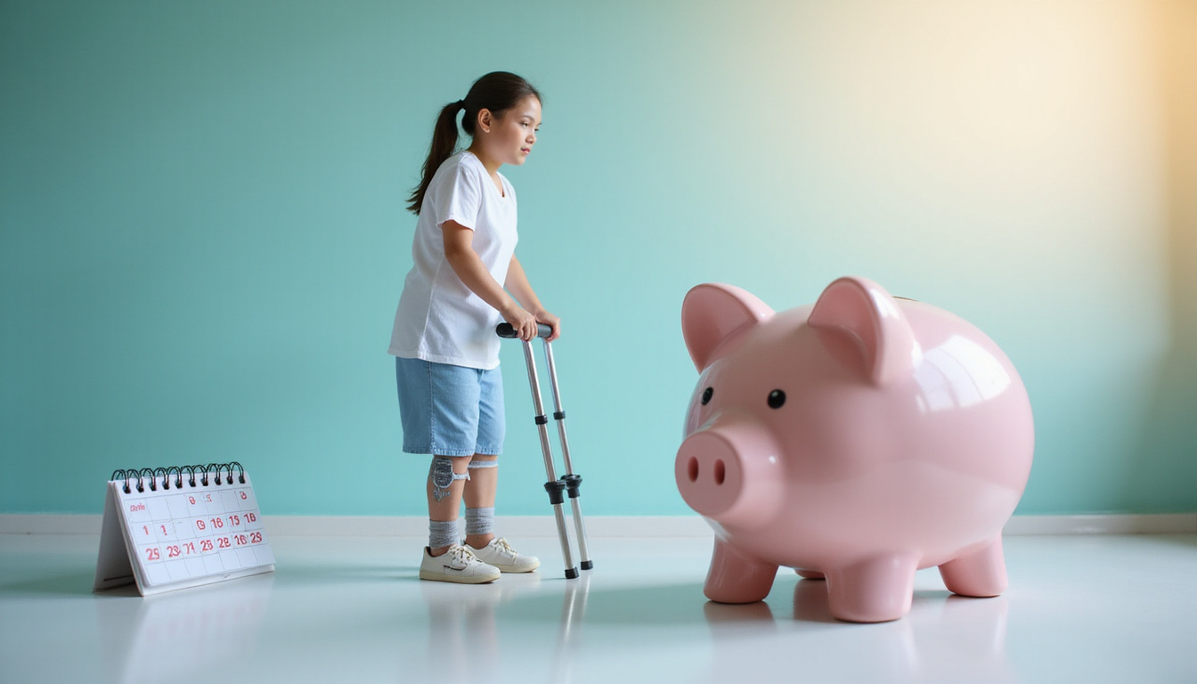  Patient rehabbing on crutches beside piggy bank, calendar with recovery milestones, warm light