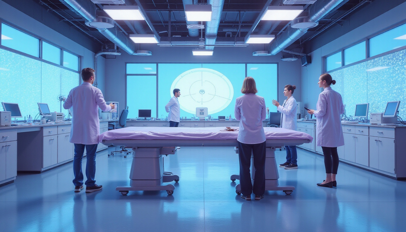  Futuristic lab scene illustrating targeted anti androgen therapies, scalp treatment devices, clinical hopeful atmosphere