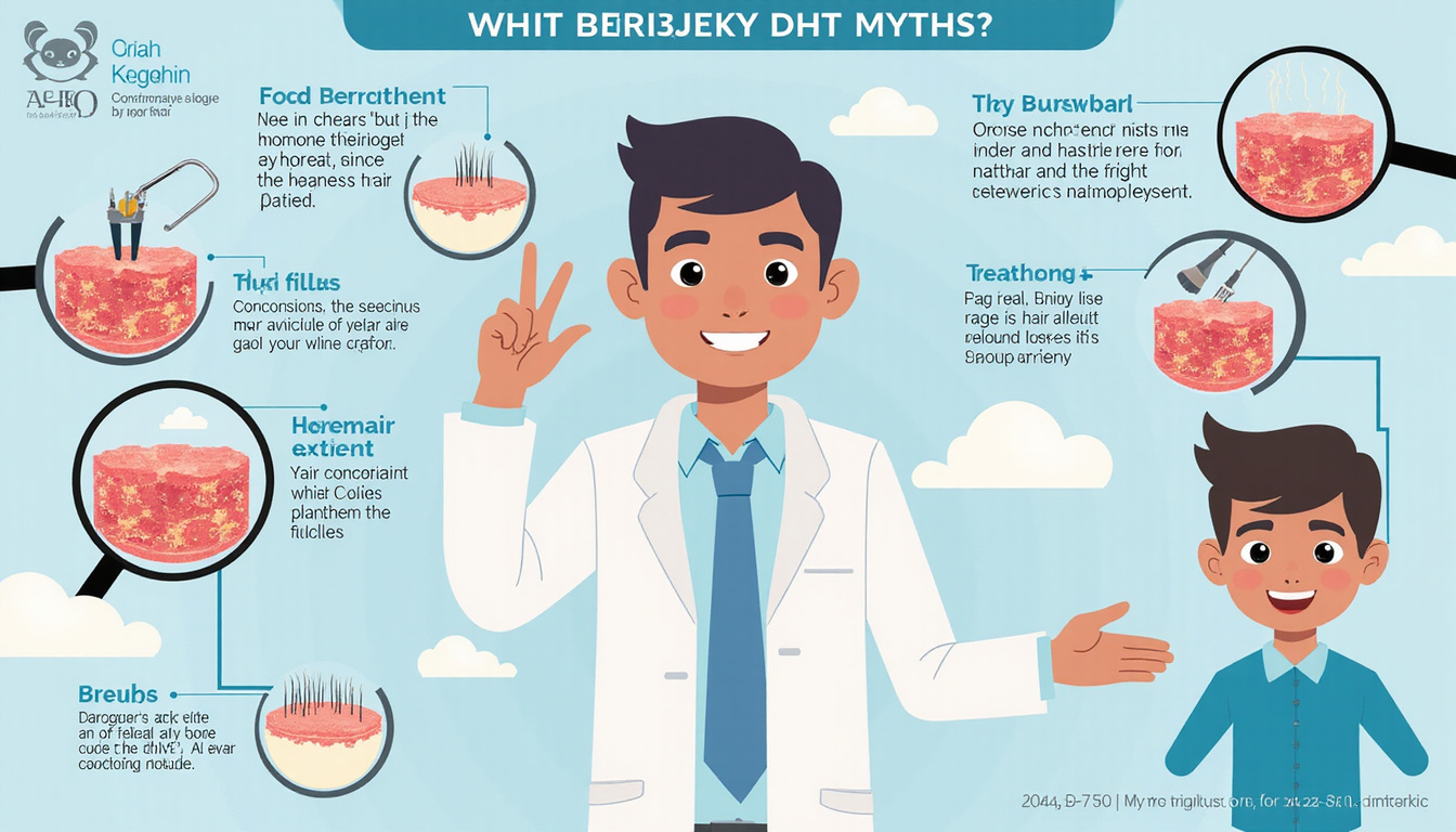  medical infographic: scientist debunking DHT myths, magnified follicles, treatments, hopeful patient