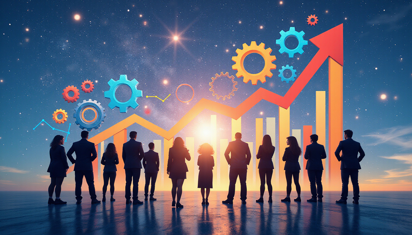  Diverse sales team orchestrating data streams and growth charts, AI-guided gears producing predictable upward arrows