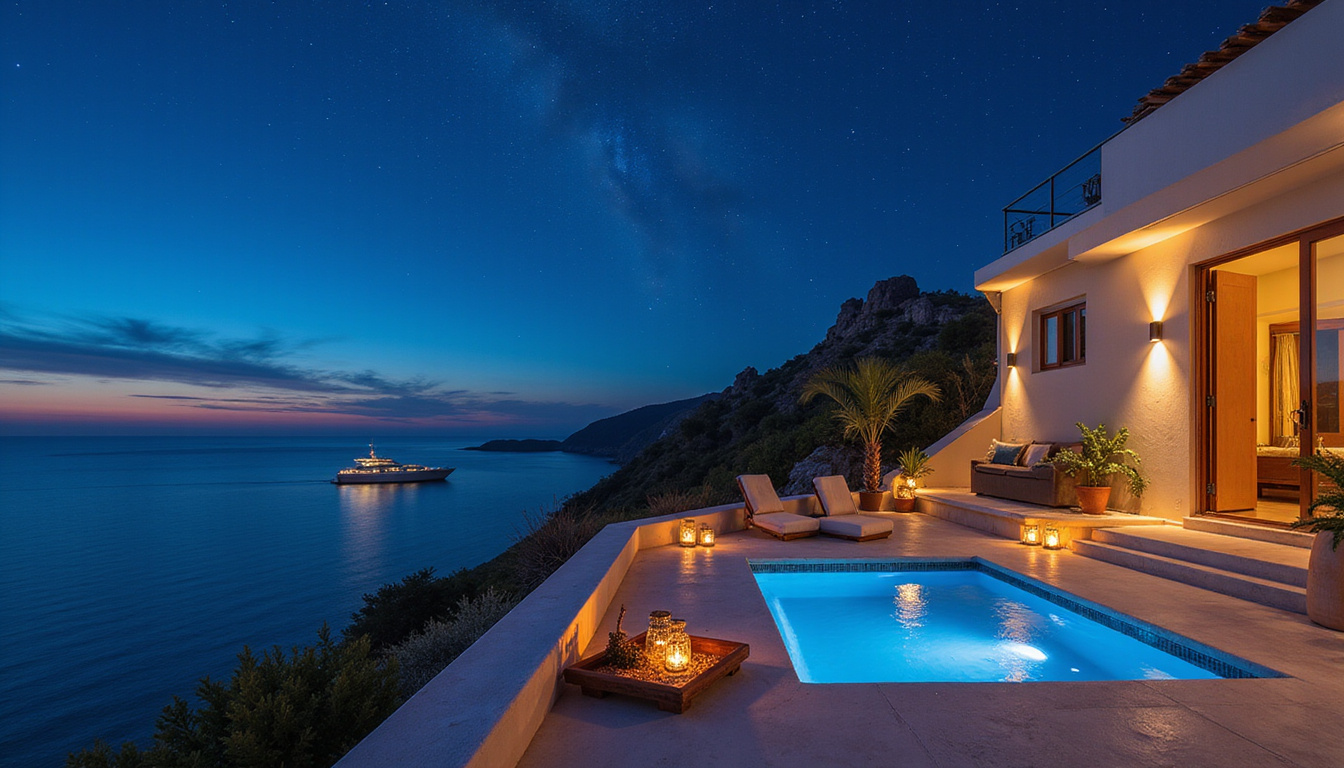  Private cliffside villa terrace, Arabic decor, starry night, yacht silhouette, warm lanterns