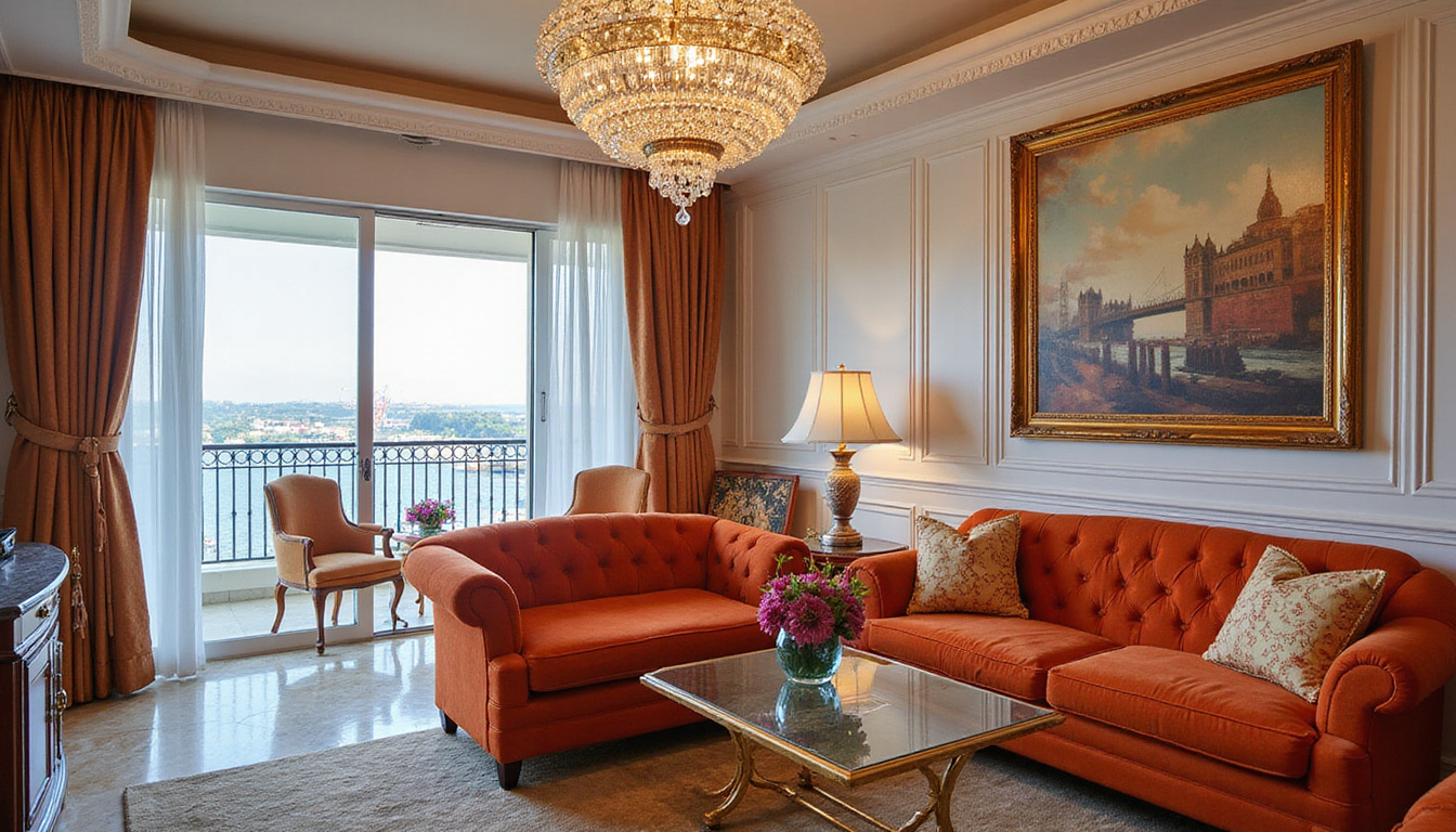  Opulent Alexandria hotel suite, high ceilings, crystal chandelier, velvet sofas, marble floors, balcony overlooking harbor