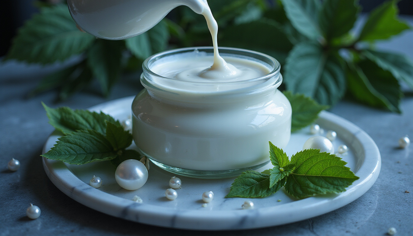  Surreal night cream pouring like moonlight over botanical leaves, pearls, elegant marble tray
