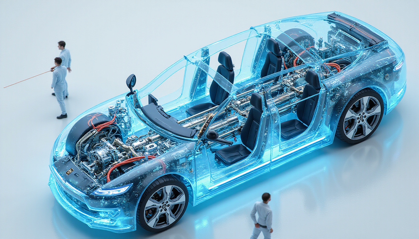  Futuristic isometric blueprint style EV interior with insulated HV rails, fault-tolerant connectors, engineers inspecting