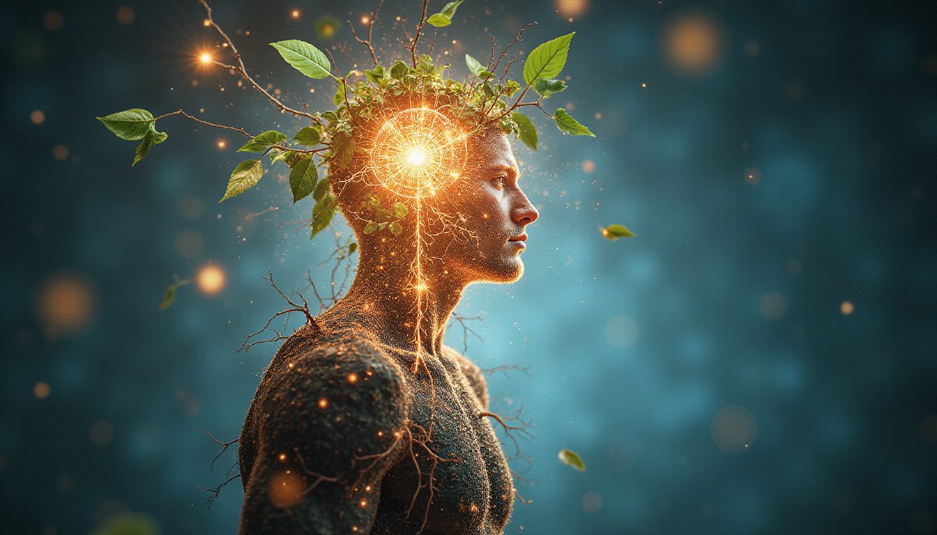  Human figure shielded by radiant microbiome energy swirling probiotics roots and leaves