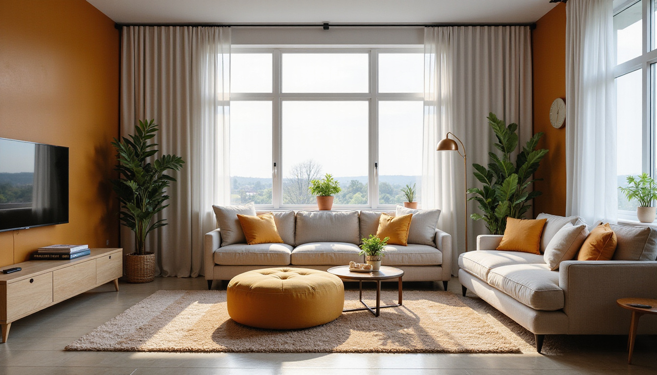  Serene living room with invisible insecticide coating surfaces, pests unaffected, microscopic particles glowing