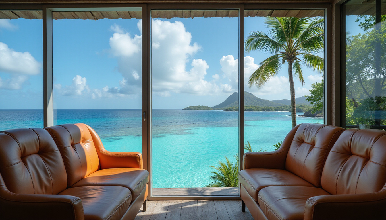  Interior plush leather seats, panoramic windows framing aerial vistas, champagne service, tropical paradise below