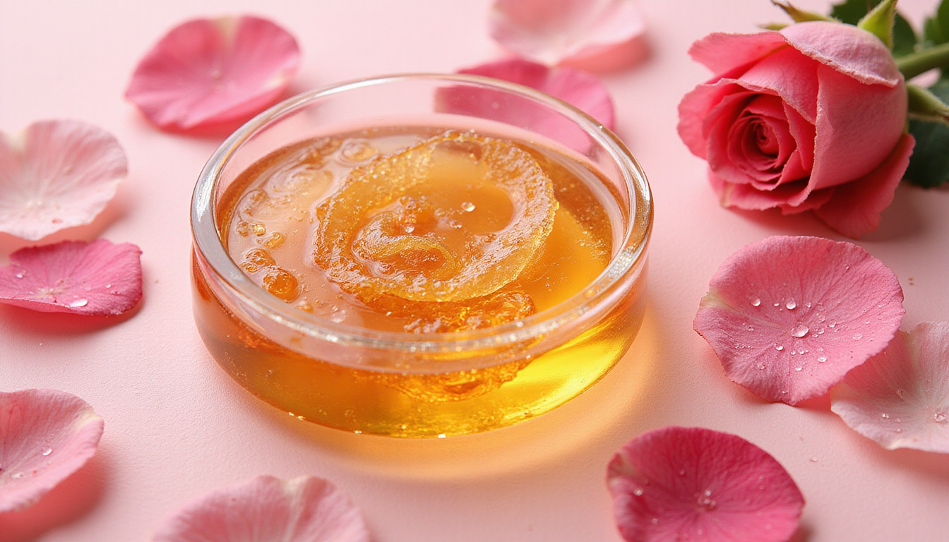  Macro shot of botanical extracts swirling in translucent gel, dewy rose petals, clinical luxury