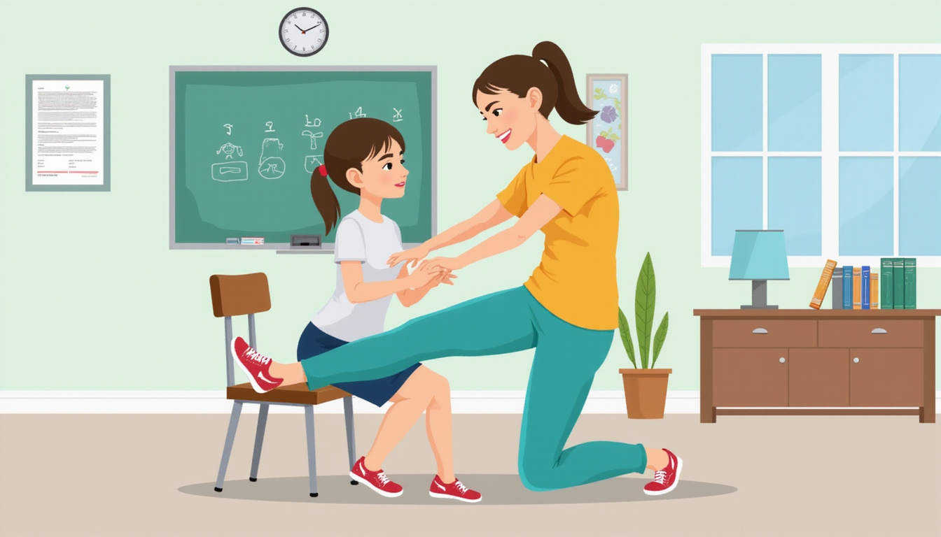  Classroom scene showing simple knee exercises, teacher stretching on chair, illustrated instructional poster