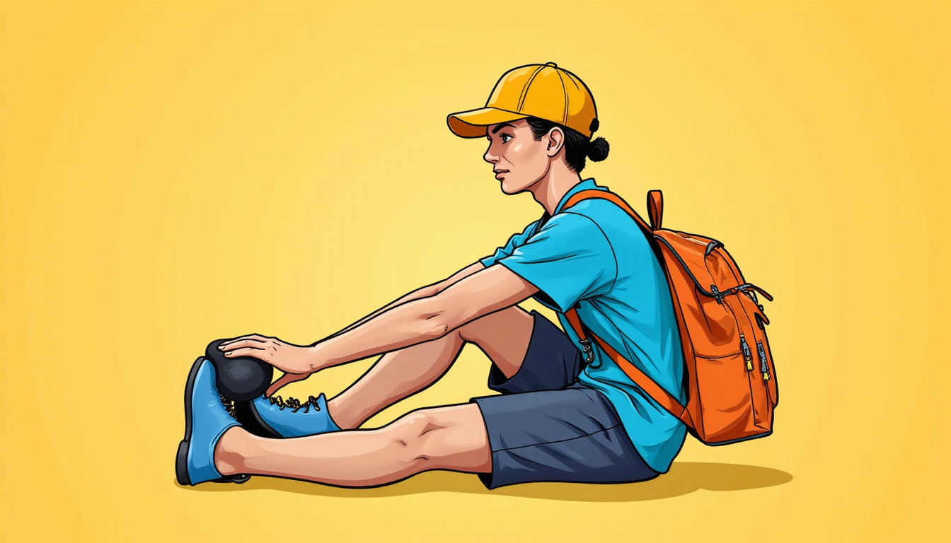  Courier demonstrating knee stretch with foam pad, ergonomic backpack, comic-style work-hack icons