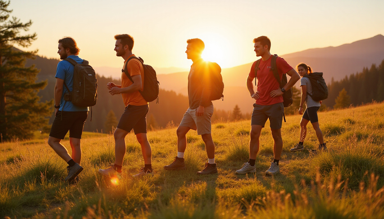  Group of friends practicing pre-hike stretches, cushioned boots, supportive backpacks, golden meadow sunrise