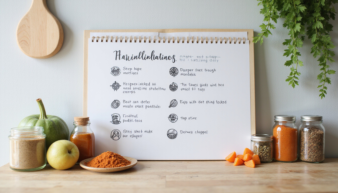  Calm kitchen scene with handwritten seven step anti inflammatory meal plan, jars of spices
