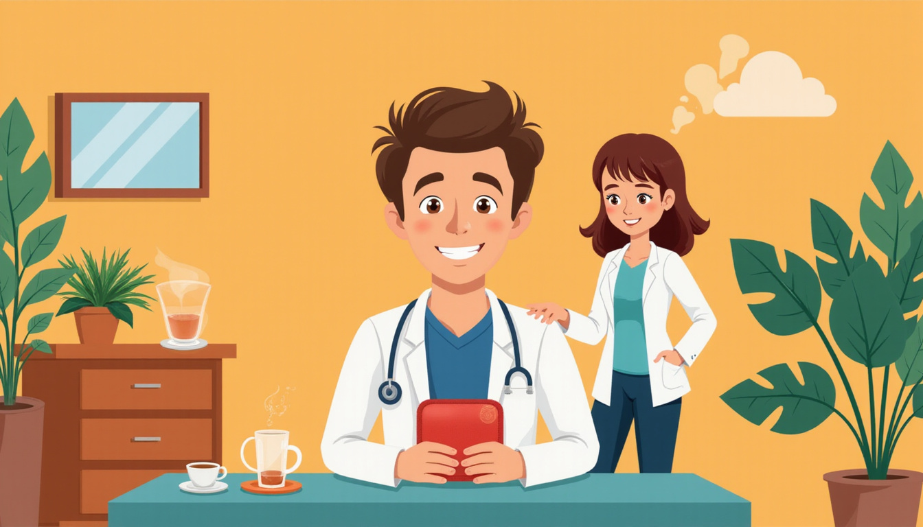  Warm therapy scene: heat pack, gentle stretching, herbal tea, confident clinician offering relief tips