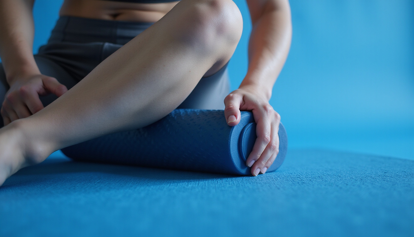 Close-up foam roller pressing calf, soothing blue tones, soft studio lighting, illustrated pain-to-relief transition