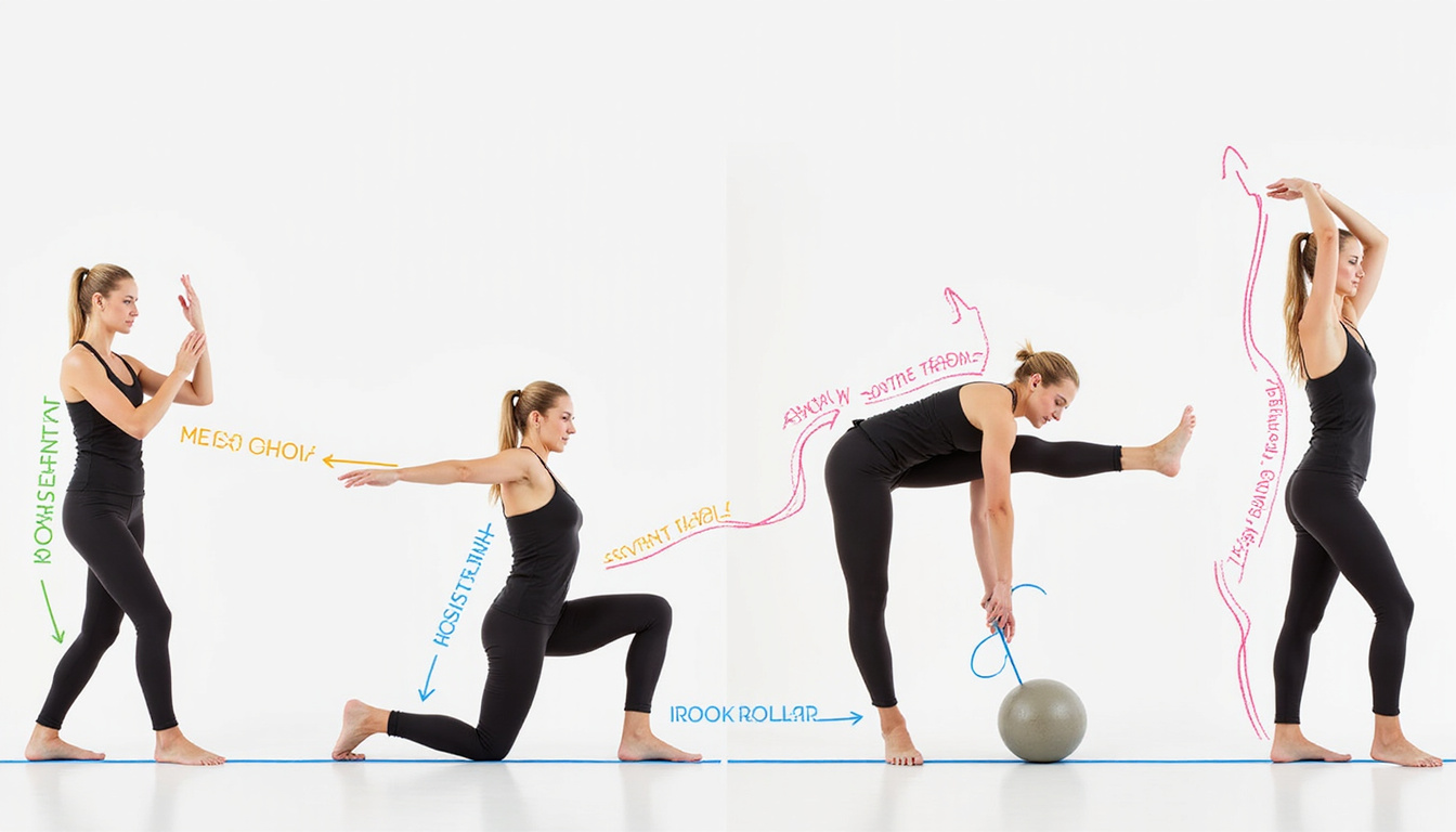  Dynamic sequence overlay showing joint alignment, motion trails, foam roller and resistance band cues