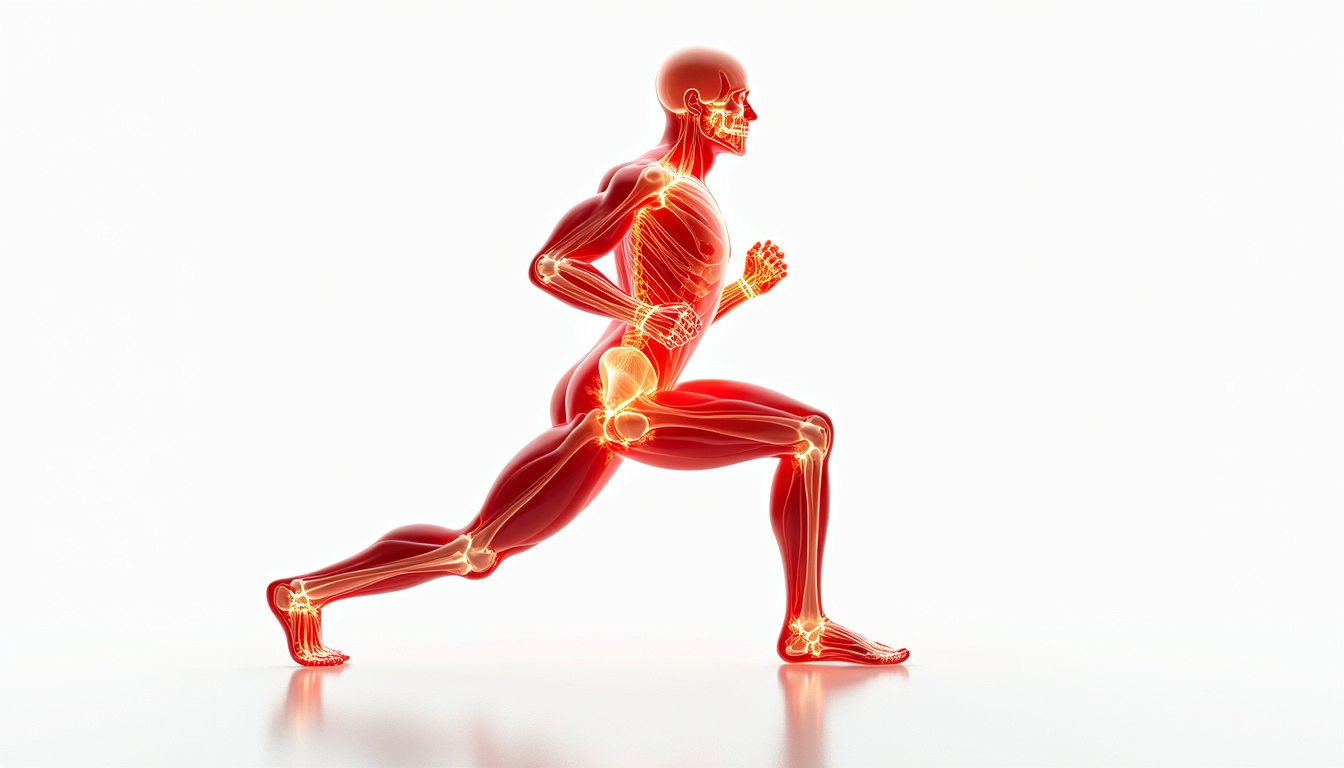  Close-up anatomical overlay of activated quadriceps during lunges, glowing muscle fibers, minimalist white background
