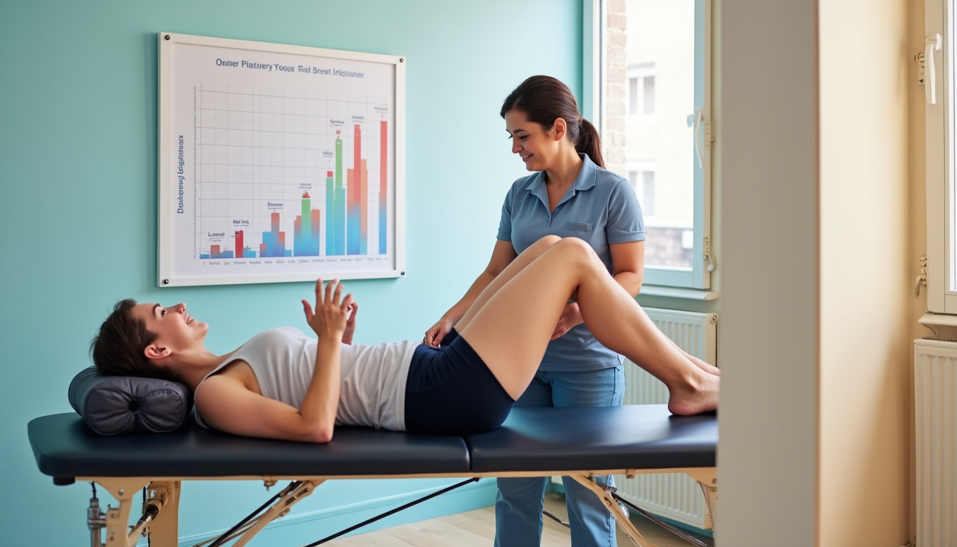  Physiotherapist assisting athlete with hip rehabilitation exercises, progress chart, optimistic recovery vibe