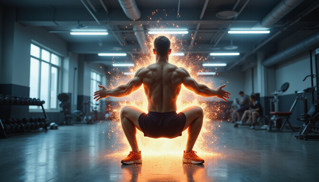  Dynamic male athlete performing squat, fat cells dissolving into light, futuristic gym, cinematic motion blur