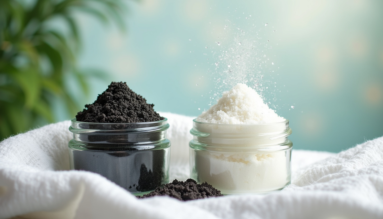  Close-up baking soda, activated charcoal jars, fresh linen, invisible smell particles dissolving into sparkling air