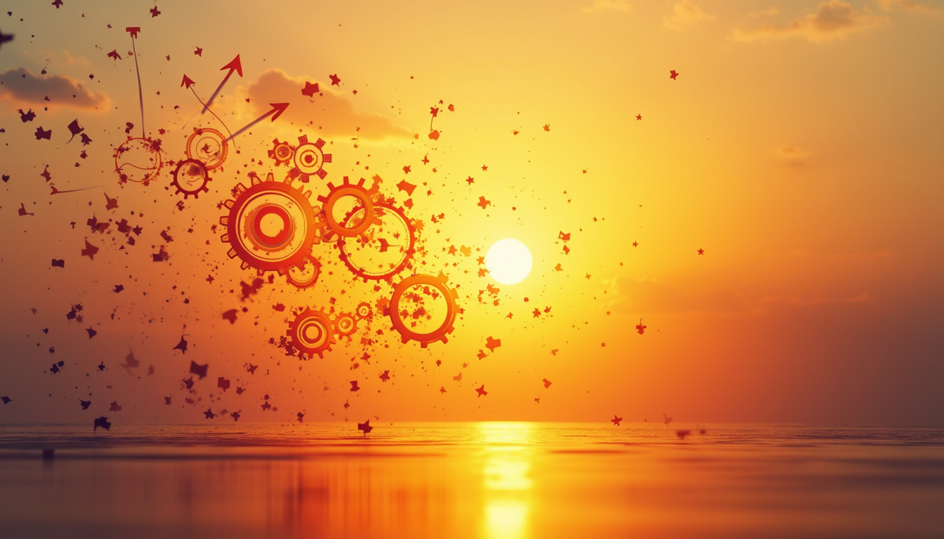  Golden sunrise, floating gears and arrows transforming into energized workspace, vibrant colors, momentum