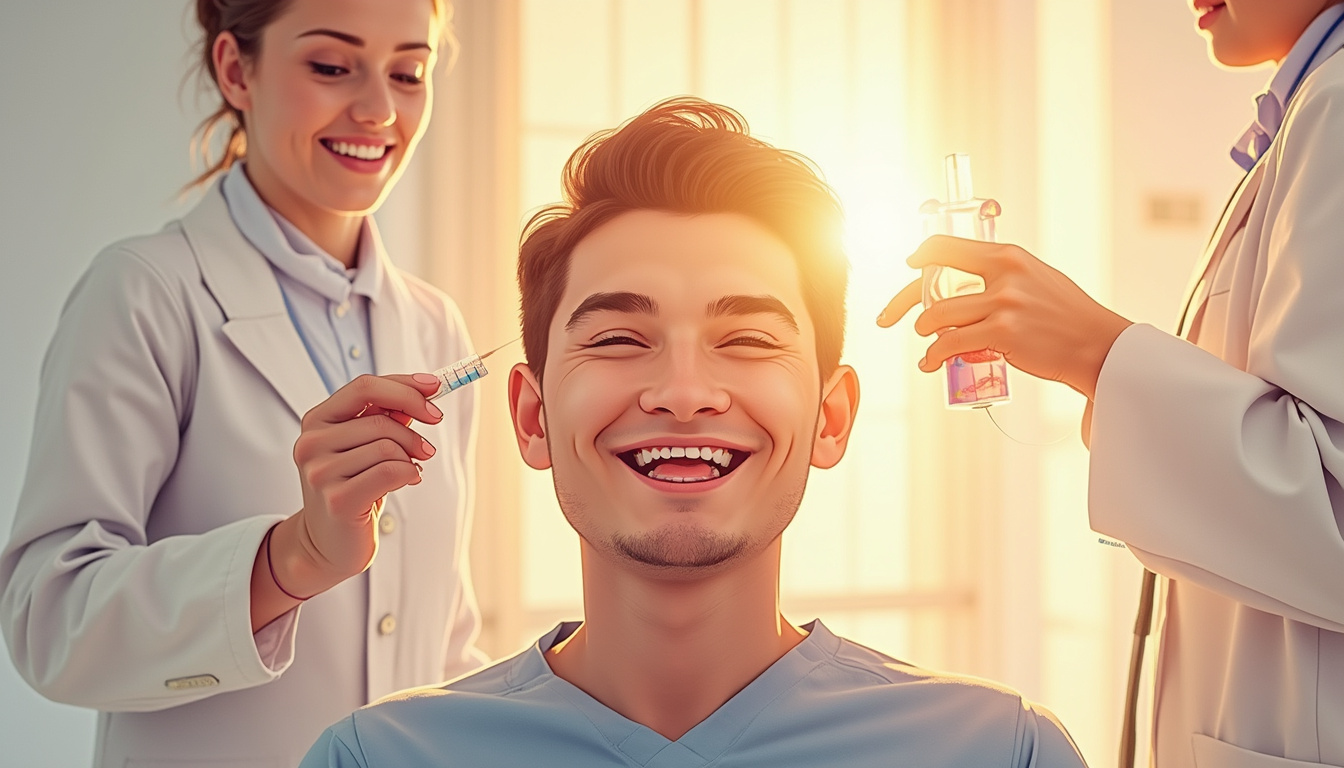  Relieved patient smiling post injection surrounded by anatomical nerve illustrations and warm sunlight