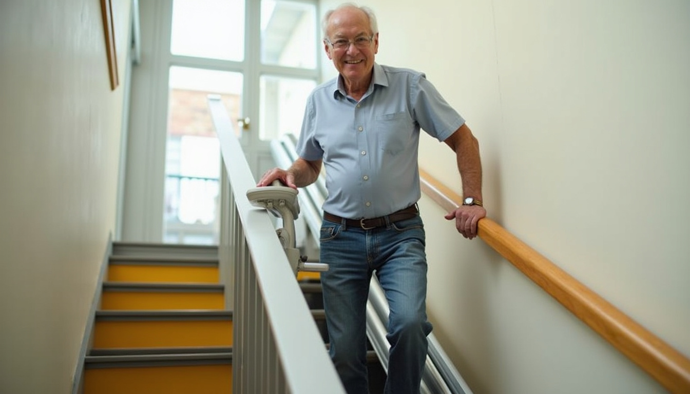  Smiling older man ascending easily using stairlift and ergonomic rail, high contrast step edges