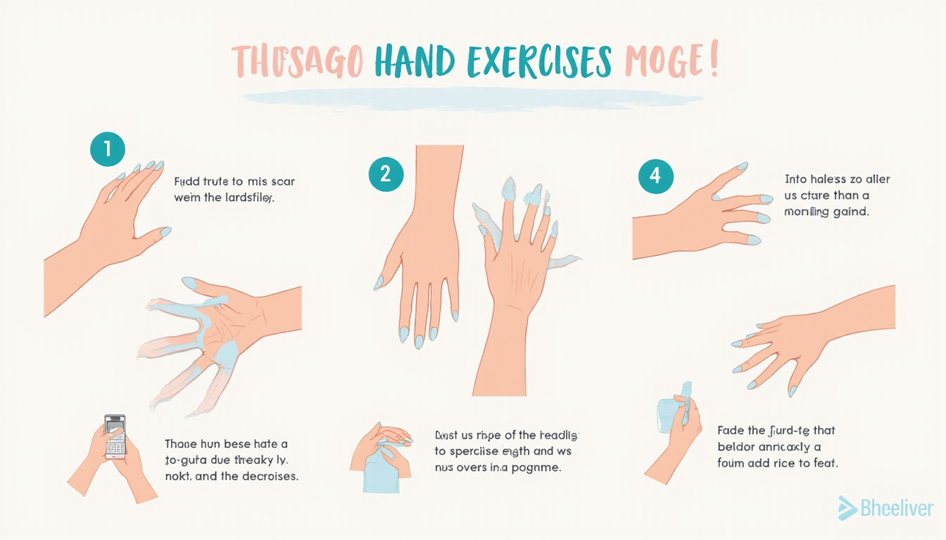  Infographic-style visual of quick hand exercises, step-by-step icons, calming pastel palette