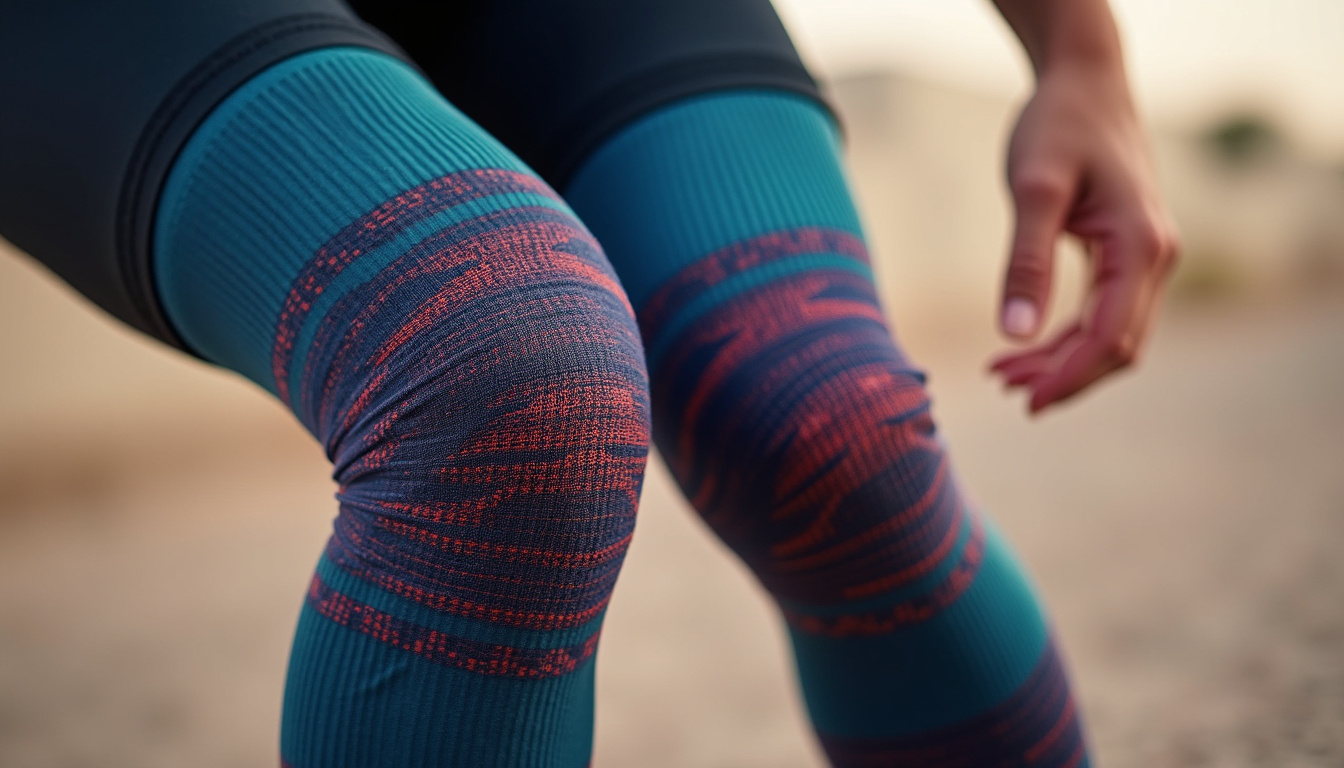  Macro shot of ergonomic knee sleeve fabric, perforated knit, compression bands, flexible motion