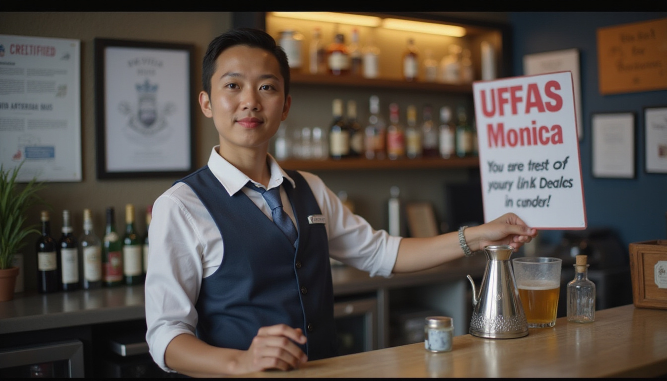  Cinematic close-up of bartender calmly refusing service, certified badge visible, safety posters blurred