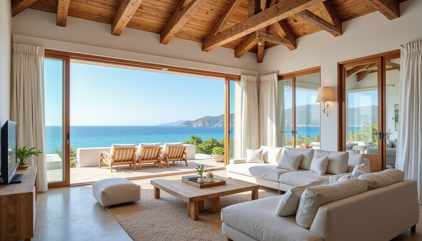  Coastal villa interior with open-plan living, floor-to-ceiling windows, sea breeze, rustic wood beams