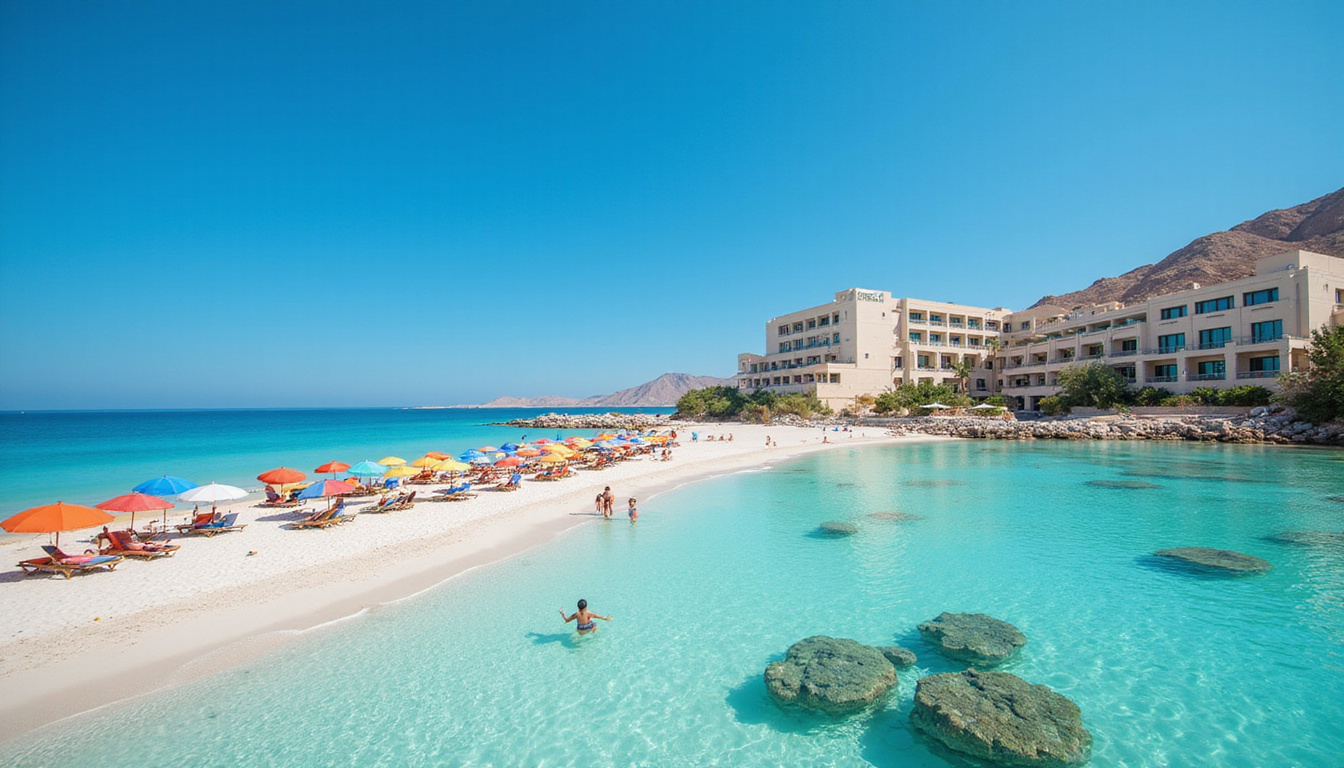  Affordable beachfront hotel with colorful umbrellas, families snorkeling over coral reefs, turquoise Red Sea