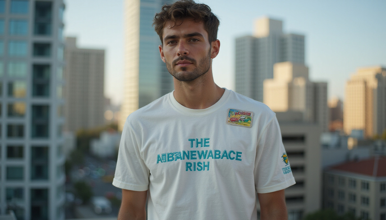 Modelo minimalista con camiseta de fibra renovable con costuras reforzadas, parche de reparación visible y fondo de ciudad moderna.