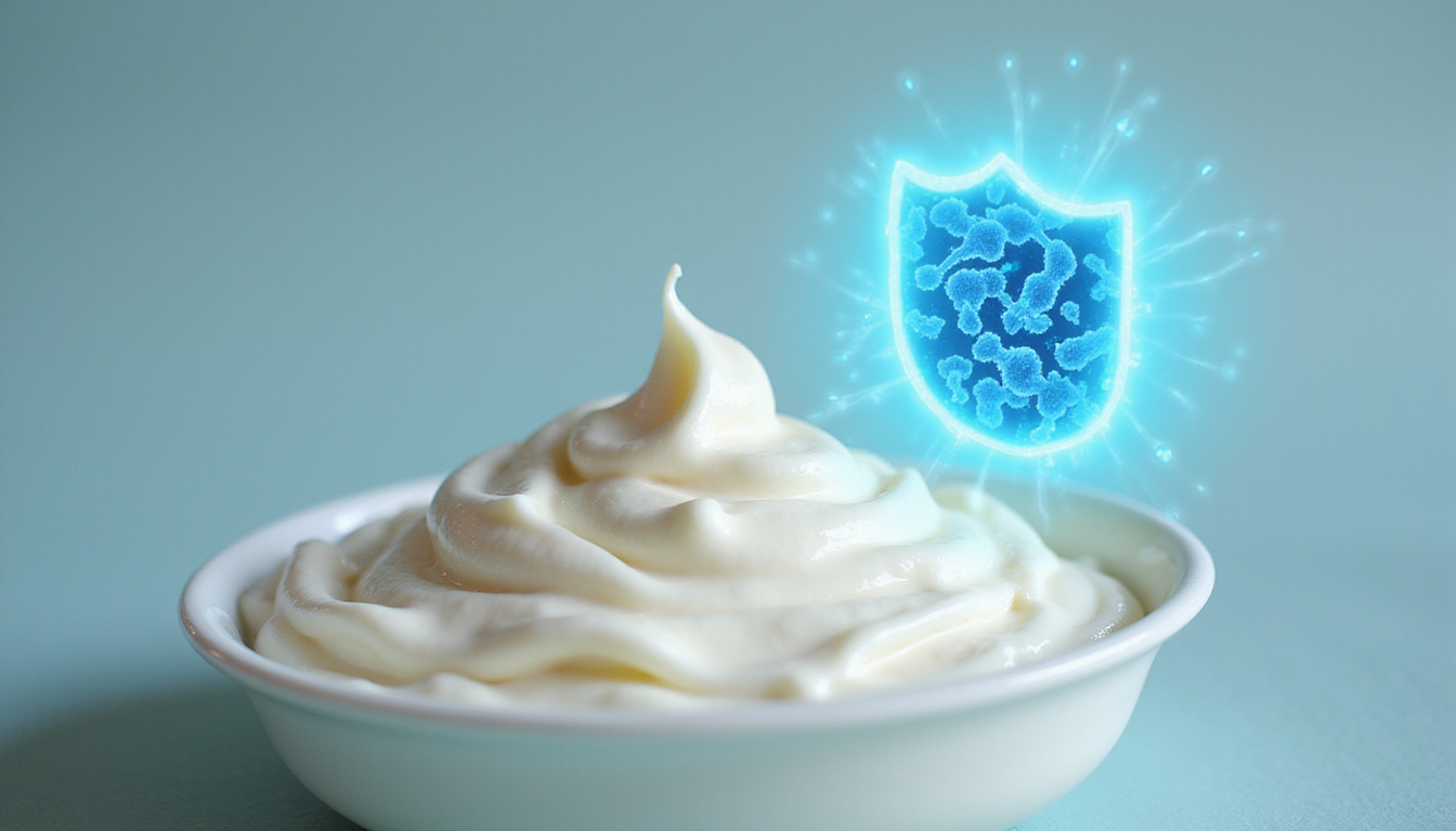  Close-up of creamy yogurt and kefir, probiotic bacteria visualized as glowing guardian shield