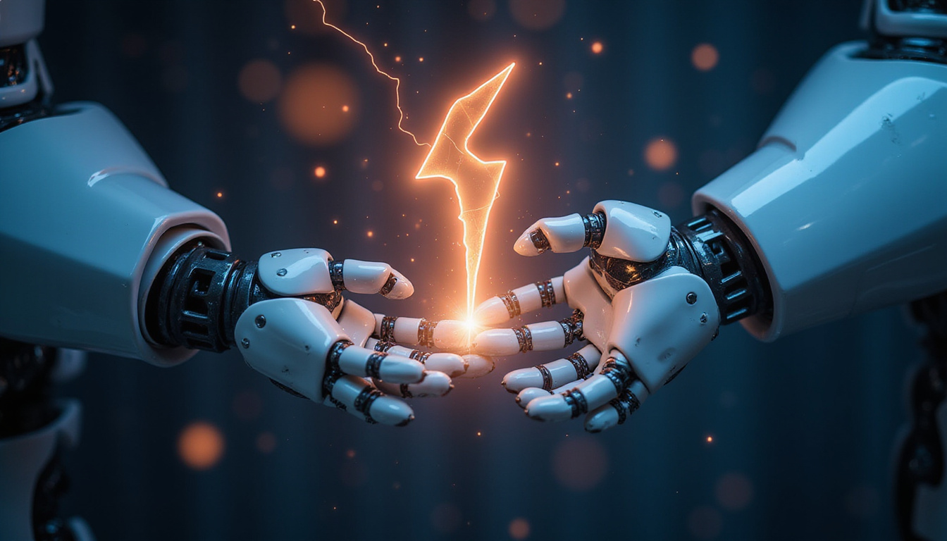  Robotic hands plug glowing lightning bolt into business graph, accelerating growth, sleek futuristic