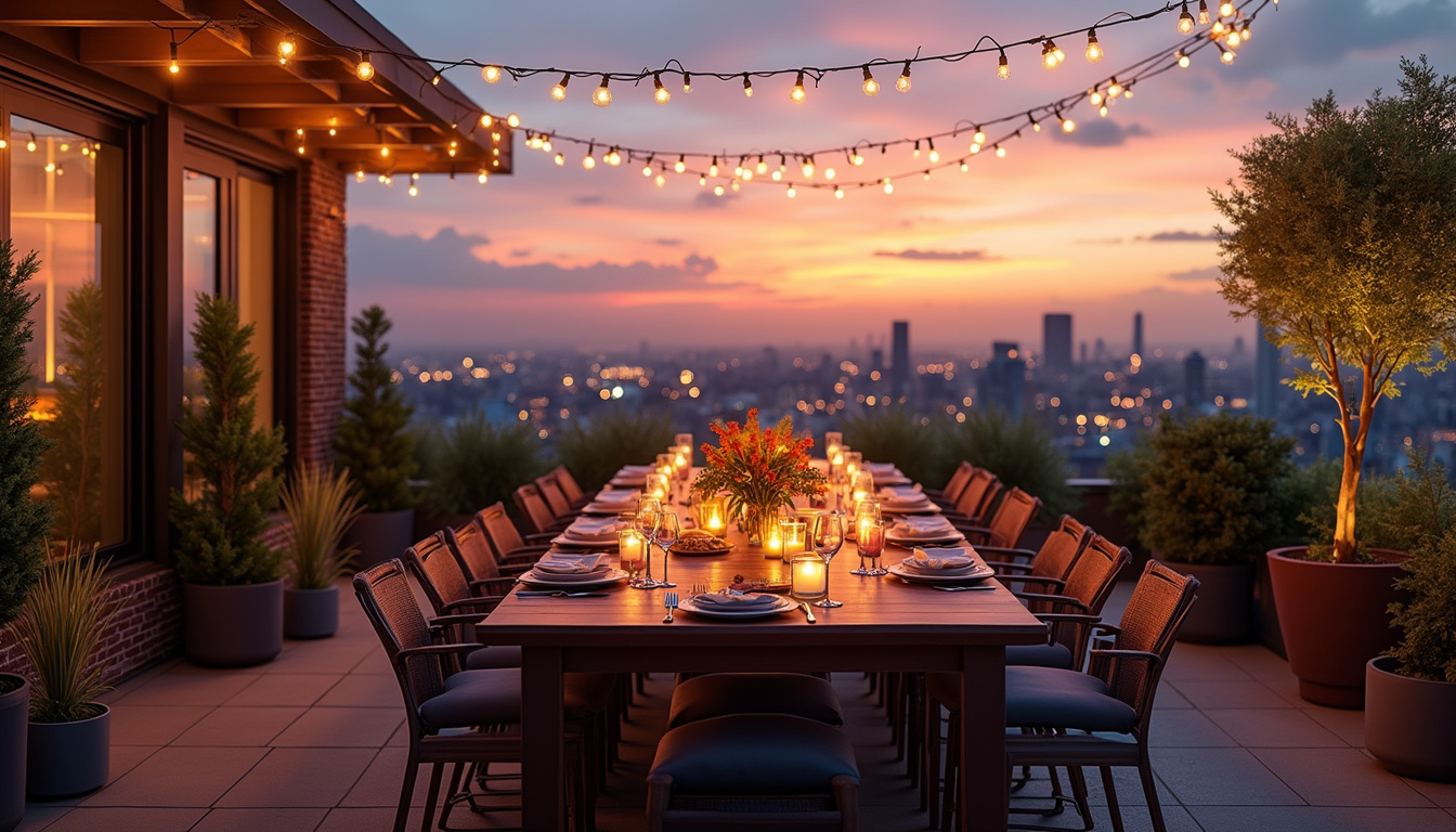 Rooftop garden dinner with string lights, lush plants, panoramic city sunset, intimate cozy atmosphere