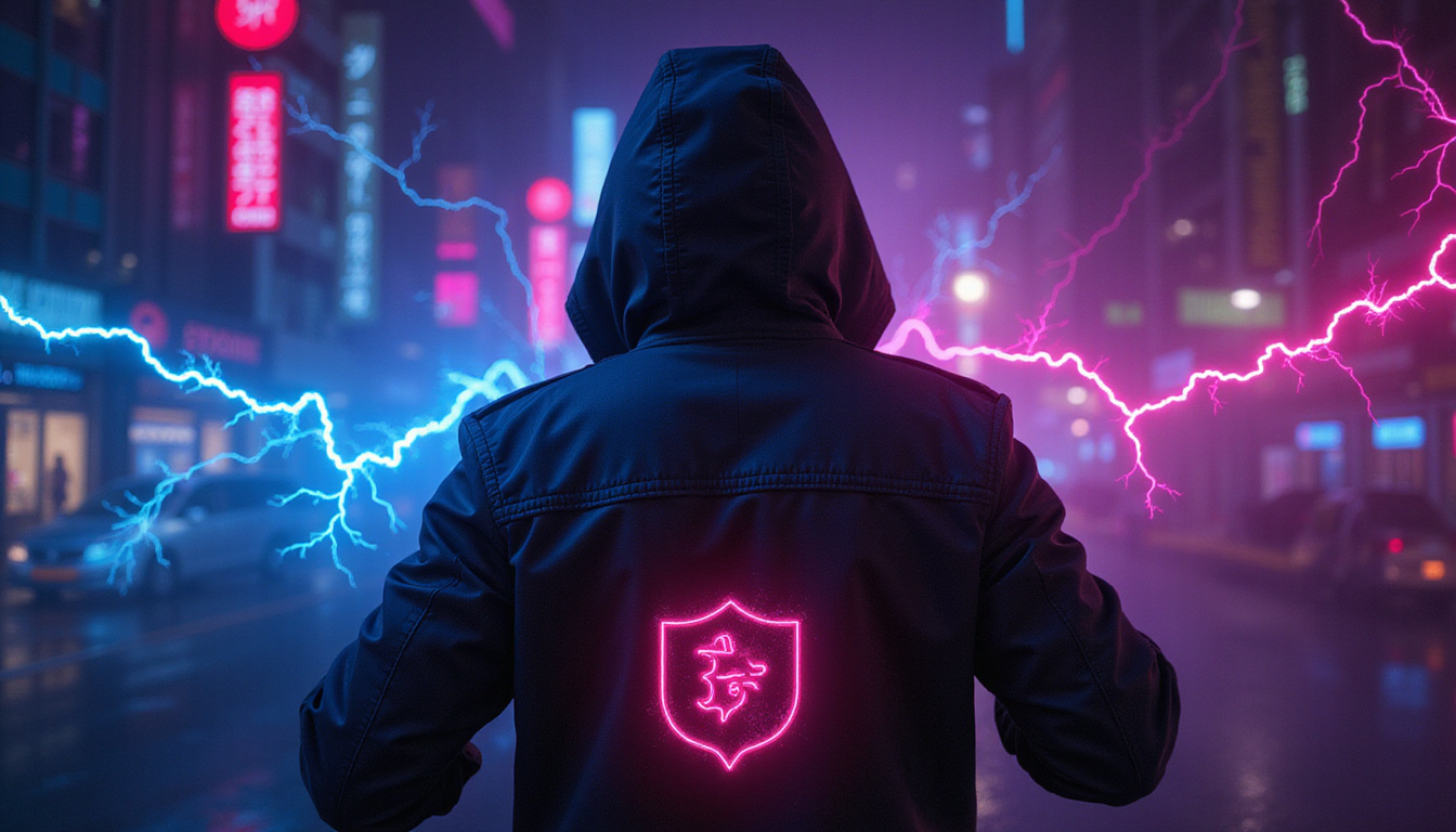  Anonymous trader silhouette with shield, lightning-fast transaction trails, smart contracts floating, neon cyberpunk