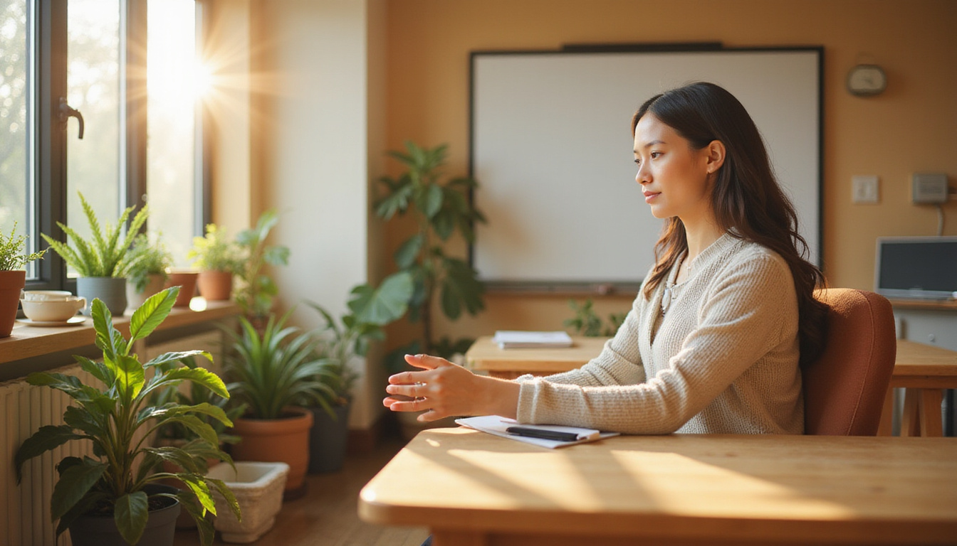  Warm cozy classroom scene: teacher doing gentle desk yoga, plants, lumbar support pillow