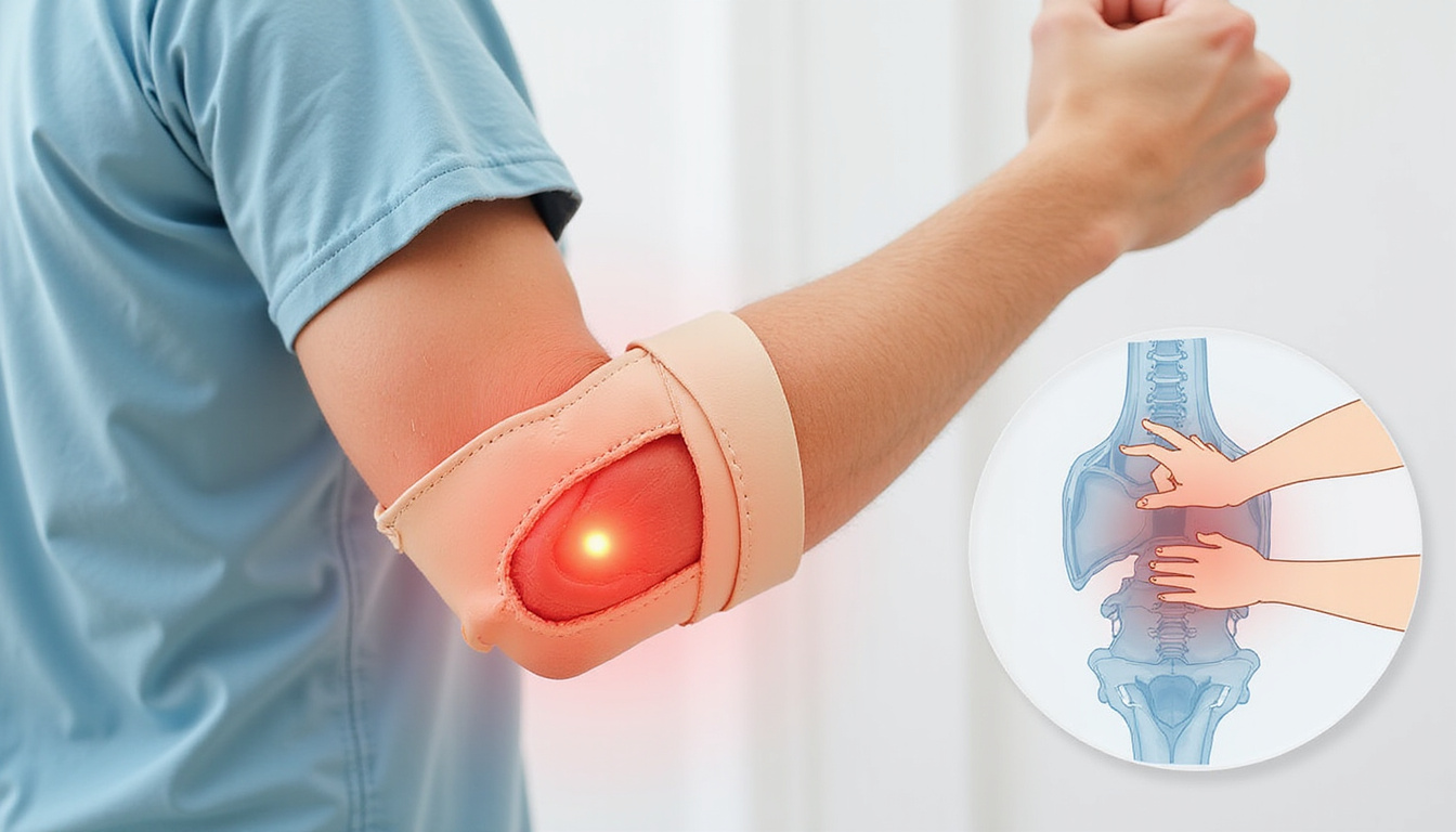  Close-up anatomical overlay of unstable elbow, supportive brace, illustrated pain relief tips, soothing colors