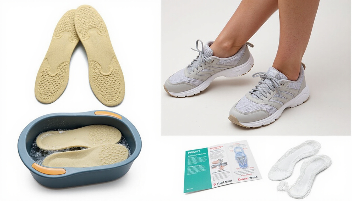  Close-up orthotic insoles, worn sneakers, portable foot soak, soothing steam, instructional pamphlet