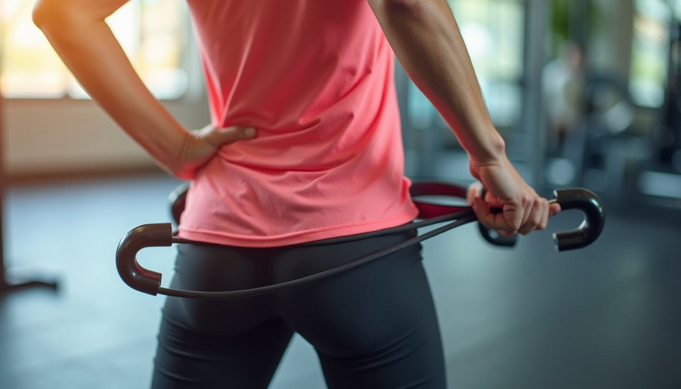  Trainer demonstrating resistance band clamshells, close-up hips, motion blur, infographic muscle activation arrows