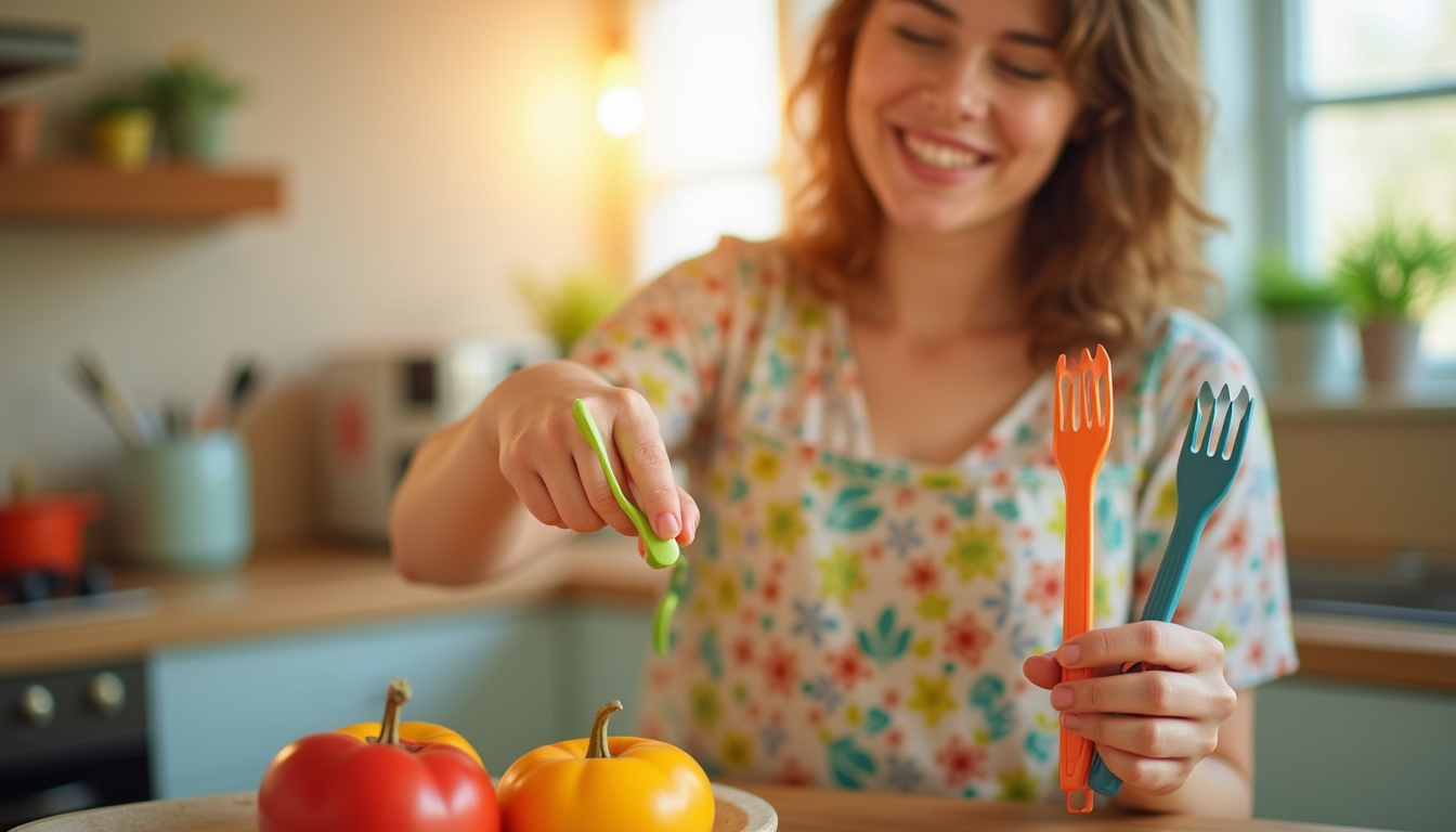  Close-up of hands adjusting adaptive utensils, colorful kitchen, triumphant smile, warm morning light