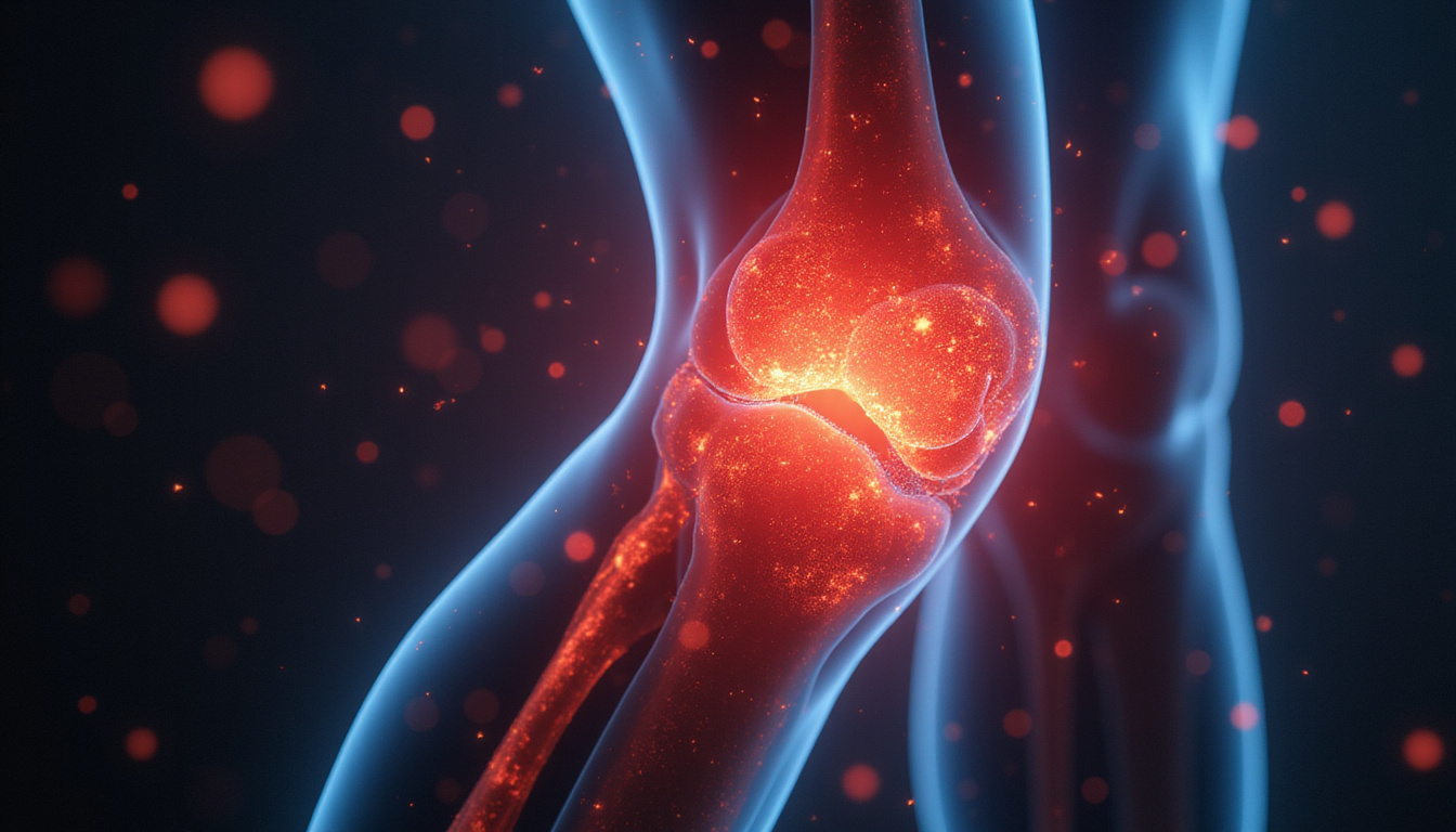  Close-up knee inflammation: red flames melting into cooling orbs as hormone molecules soothe stiffness