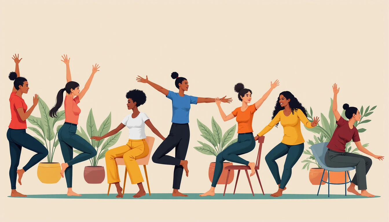  Multicultural group in casual clothes practicing quick chair-yoga sequence with motion lines, plants, smiling